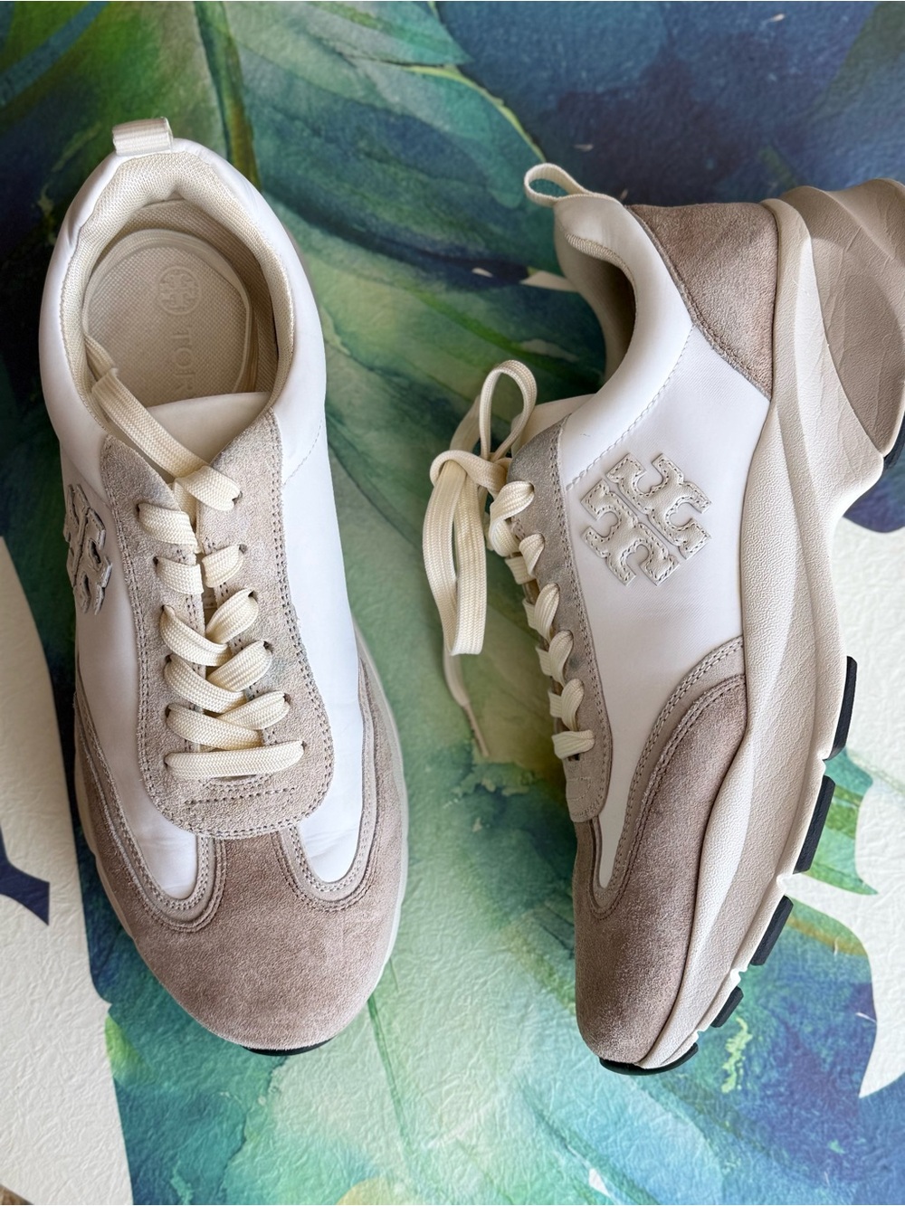Tory Burch Cream & Taupe Suede Leather Platform Sneakers